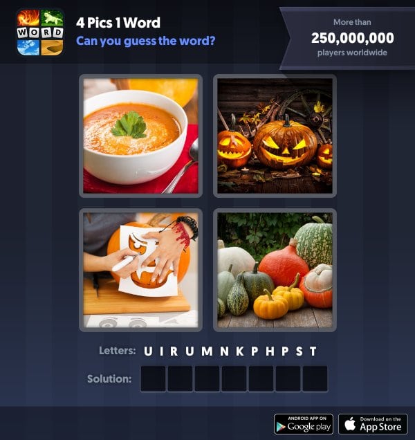 4 Pics 1 Word Daily Puzzle, October 3, 2018 Halloween Answers - pumpkin
