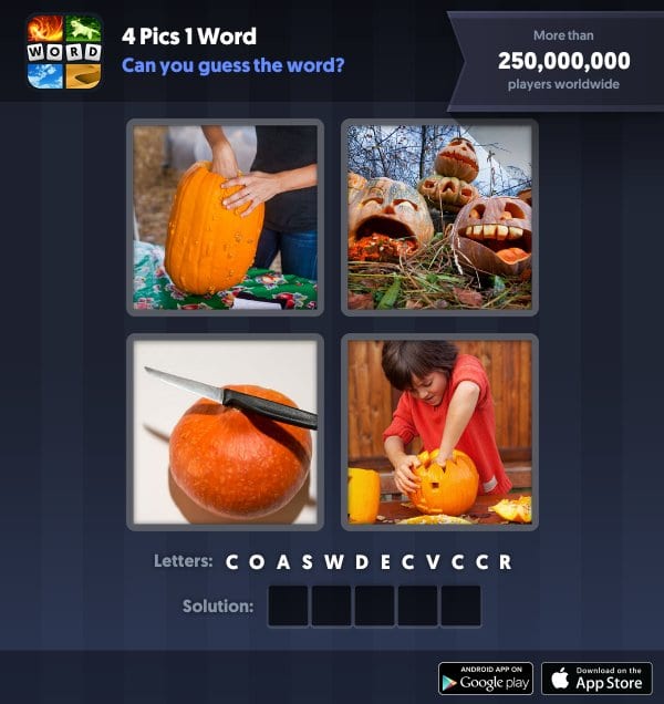 4 Pics 1 Word Daily Puzzle, October 18, 2018 Halloween Answers - carve