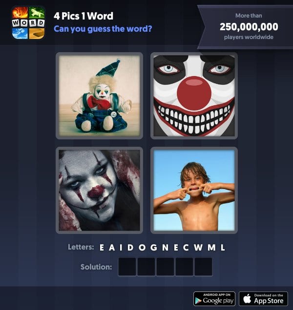 4 Pics 1 Word Daily Puzzle, October 27, 2018 Halloween Answers - clown