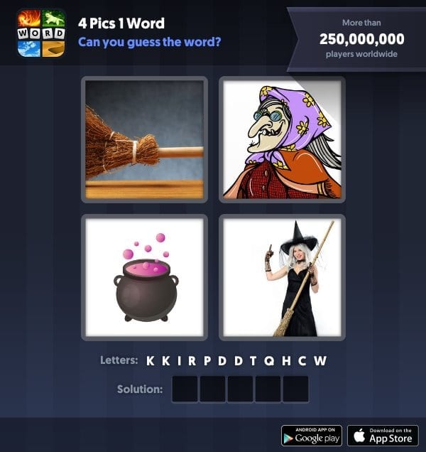 4 Pics 1 Word Daily Puzzle, October 29, 2018 Halloween Answers - witch