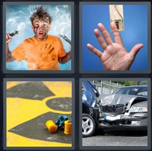 boy with hair fried after electrocuting self, man with finger caught in trap, caution hazard symbol, car crash fender bender