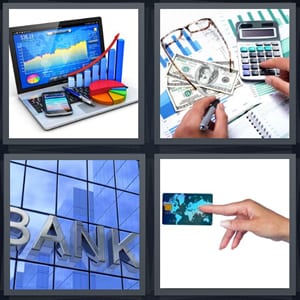 laptop with pie chart and increasing graph, money with calculator, bank with glass wall, hand holding credit card