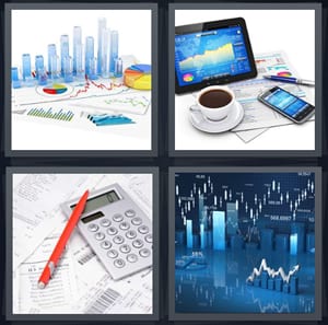 bar charts with figures, computer and tablet and phone with coffee, calculator with red pen, graphs showing increase stocks