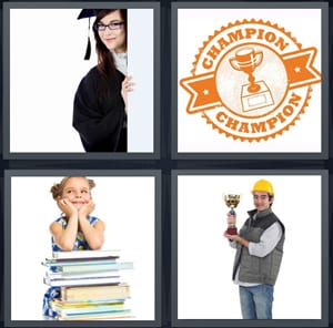 graduate woman in robe, champion sign in orange, young girl student with books, construction worker with trophy