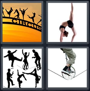 circus sign at sunset, gymnast bending over backwards, people performing silhouette, man on unicycle on tightrope