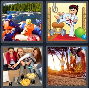 family white water rafting, cartoon of karate master, women playing video games, couple jogging in sunrise