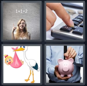 math on chalkboard, calculator, stork carrying baby, man putting coin into piggy bank