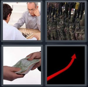 men playing chess at table, military lined up for inspection in fatigues, handing money borrow, increasing red arrow chart