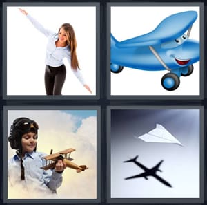 woman with arms out, cartoon blue plane with eyes, woman pilot in sky, shadow of paper plane