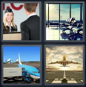 woman checking man in at counter, waiting room for travel, blue airplane on tarmac, plane taking off