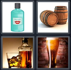 mouthwash mint in bottle, barrels for aging wine, whiskey in glass on rocks, pint of beer with head foam