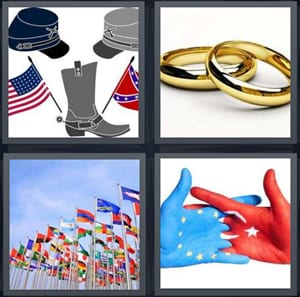 icons for Civil War, gold wedding bands rings, flags from many nations, Europe and Soviet Union