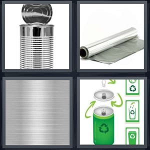 tin can for beans or canned food, tin foil roll, steel metal sheet, recycling icons