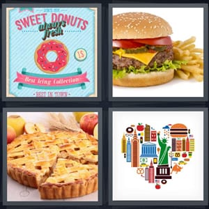 sweet donuts sign with frosting, hamburger and french fries, apple pie with lattice top, icons for New York