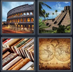 Roman Coliseum, pyramid in Mexico Aztecs, old books with leather covers, old map for European explorers