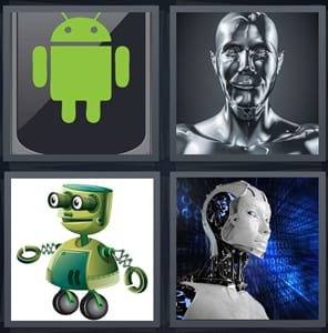 cell phone operating system, steel and metal man mask, cartoon green robot, bionic woman with 1s and 0s