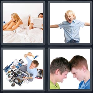 couple fighting in bed man reading newspaper, blond boy screaming, man breaking laptop, two boys angry with each other