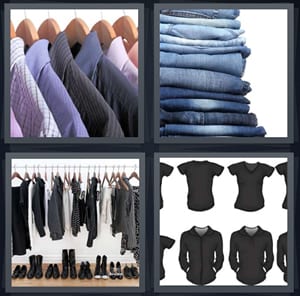 dress shirts on hangers, stack of jeans on white background, closet with clothes hanging, black clothes