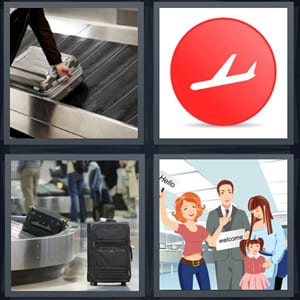 luggage on luggage rack, airplane icon, suitcase in airport, welcome signs in airport