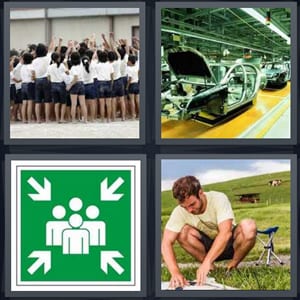 school kids in uniforms, car factory Detroit, arrows pointing at group of people, man setting up camp