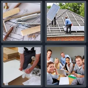 screws and building materials, men installing solar on roof, man building white table, classroom with computers