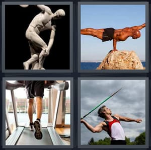 Greek statue with discus, man with large muscles balancing on rock, man running on treadmill, man throwing javelin pole