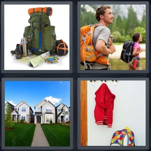 pack with tent and map, people trekking through mountains hiking, house with long sidewalk, red jacket hanging on wall