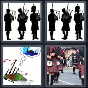 Scottish musicians, music pipes, traditional instruments from Scotland, men wearing kilts playing music marching