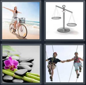 woman riding bicycle with no hands, silver justice scale, flower and bamboo and stones in zen garden, couple walking on tightrope