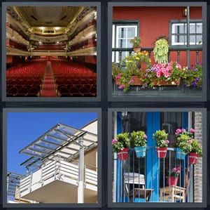 large empty theatre with red seats, hanging garden on edge of building, back deck with glass, small patio with plants