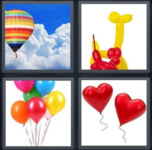 flying in hot air above clouds, animals made of blown up, birthday bouquet, heart shaped for Valentine