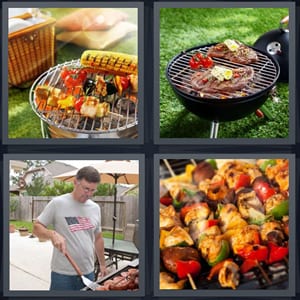 grill with food on top, steaks on grill in grass, American man cooking outside, chicken and vegetable skewers