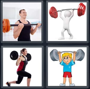 man lifting weights at gym, weight above head, woman exercising with muscles, cartoon of strong boy