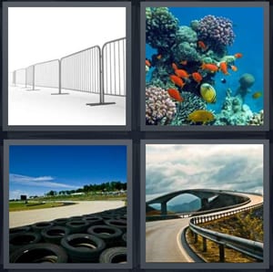 metal fence on white background, coral reef with tropical fish, race track with tires, highway with guardrail