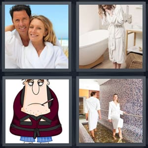 couple in white robes, woman in bathroom with tub, cartoon of sick old man, people at spa in robes