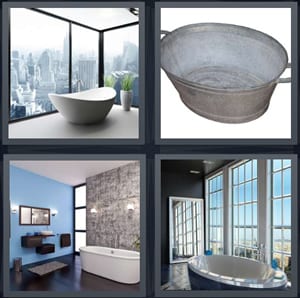 basin in corner room with windows, metal bucket for washing, bathroom with tile, tub by windows in apartment