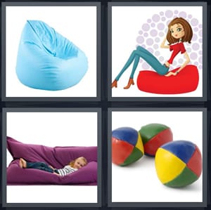 blue cushion made of styrofoam, cartoon of woman sitting on cushion, girl relaxing on purple seat, hackey sacks