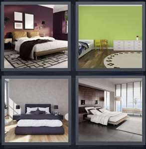 bed in room, rug on hardwood floor with green walls, place to sleep, room for sleeping