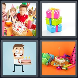 kids celebrating blowing out candles, stack of colorful gifts, cartoon of man with cake, candle in cake for party