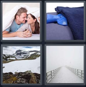 couple snuggling in bed, hot water heater in bed, snow on ground in mountains, fog covering pier walkway