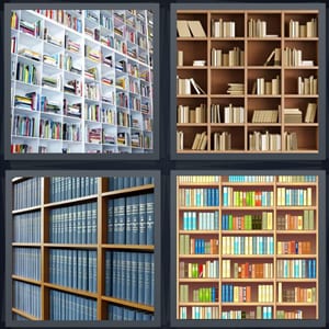 books on white cube shelves, library with paperbacks, set of blue encyclopedias, shelves with many books