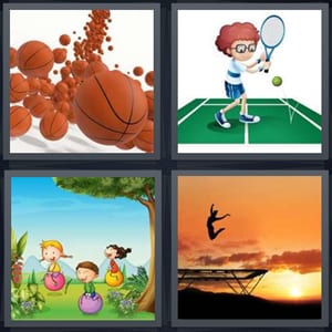 basketballs coming down, cartoon boy playing tennis, kids playing outside with balls, woman jumping on trampoline at sunset