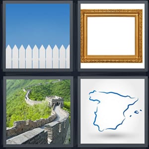 white picket fence blue sky, gold frame nothing inside, Great Wall of China, country outline on map in blue