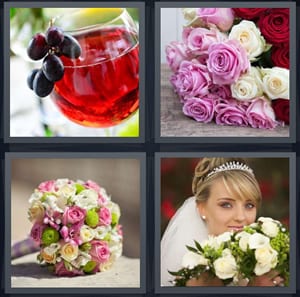 wine with grapes on edge of glass, pink and white roses, bunch of flowers tied together, bride with veil and flowers