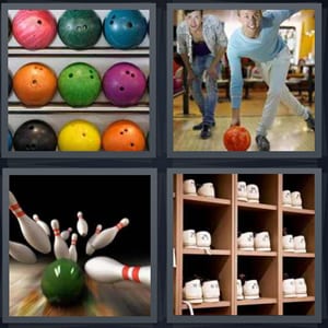 balls on rack with holes, men playing game bowl, ball hitting pins strike, shoes on shelf