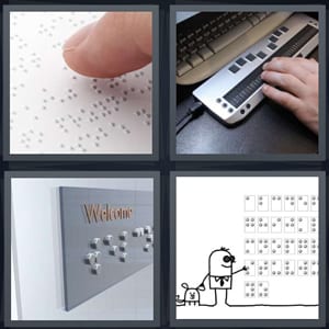 fingers reading sign, keyboard for blind person with computer, welcome sign with raised letters, blind person with sign
