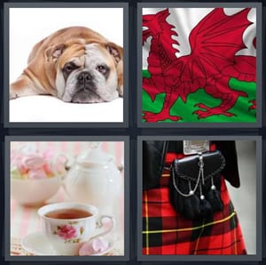 bulldog on white background, dragon on flag Wales, tea set with teapot, person wearing plaid kilt