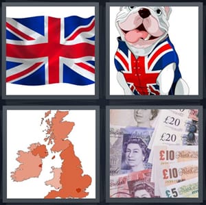 Union Jack flag red white and blue, bulldog with flag shirt, map of England Wales Scotland, banknotes pounds and Euros