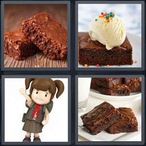 chocolate cake dessert, sundae with ice cream, girl scout in brown uniform, dessert with milk