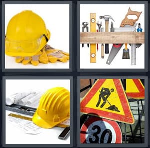 yellow hardhat and gloves, tools on wall shelf, construction tools blueprint and hat, work sign 30 speed limit